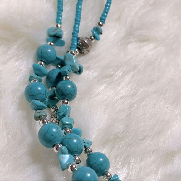 Natural & Faux Turquoise Beaded 2 Strand Necklace 18” Southwest Inspired - Picture 4 of 6